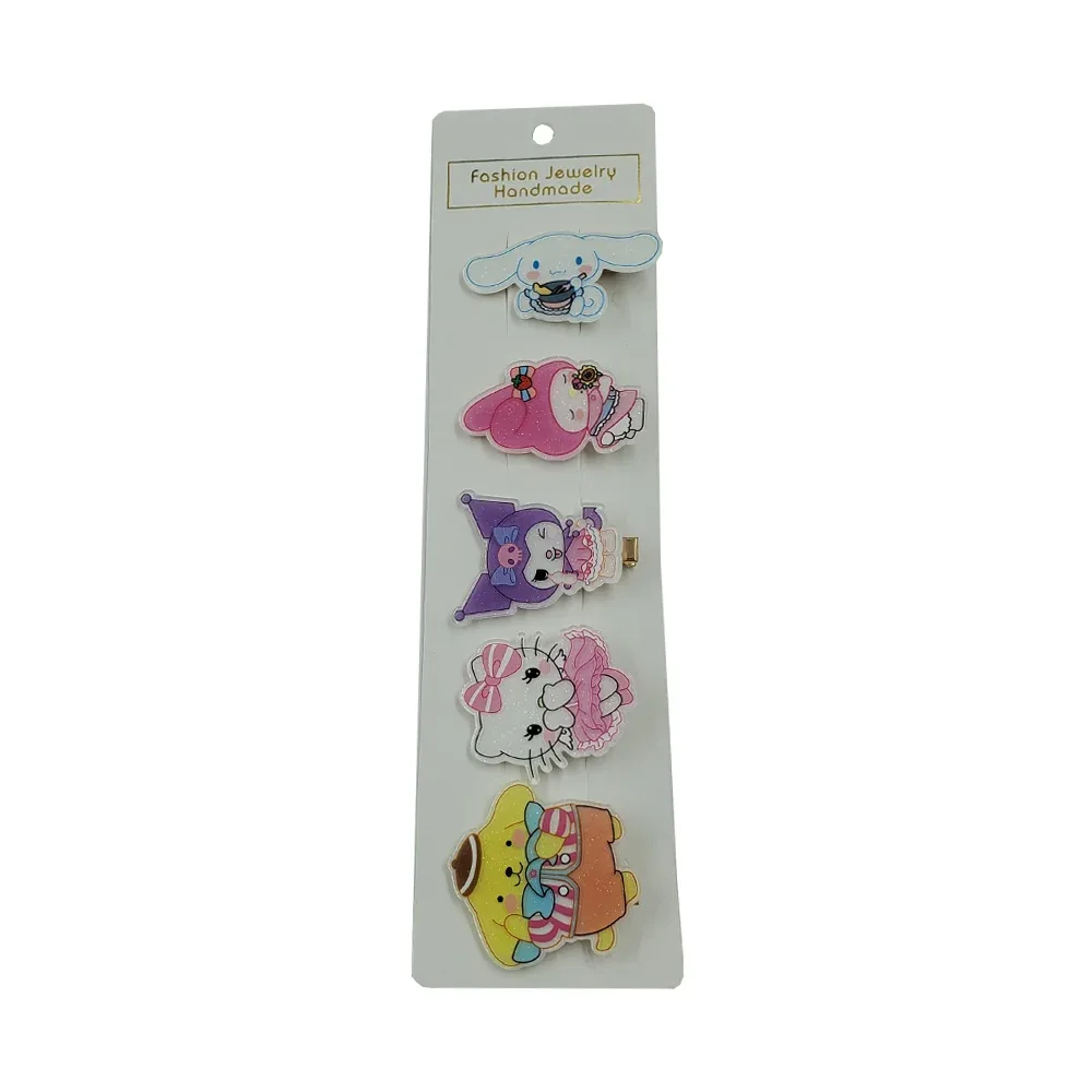 Blister con 5 broches para el cabello con detalle de personajes de hello kitty, mickey mouse, variedad de diseños / handmade / 23-fs-023