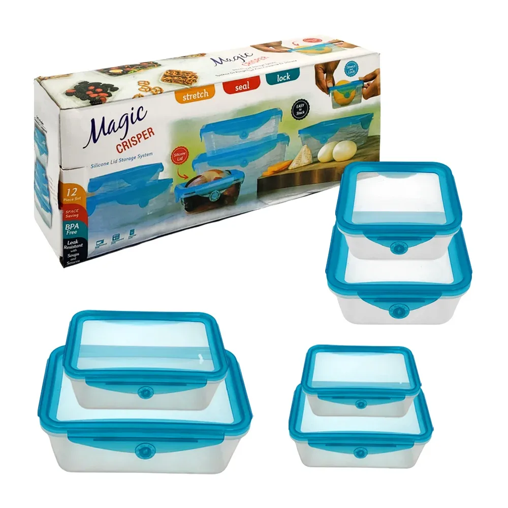 Juego de 4 tuppers rectangulares y 2 tuppers cuadrados, de plástico, montables y con tapa flexible, variedad de usos / magic crisper / 10727