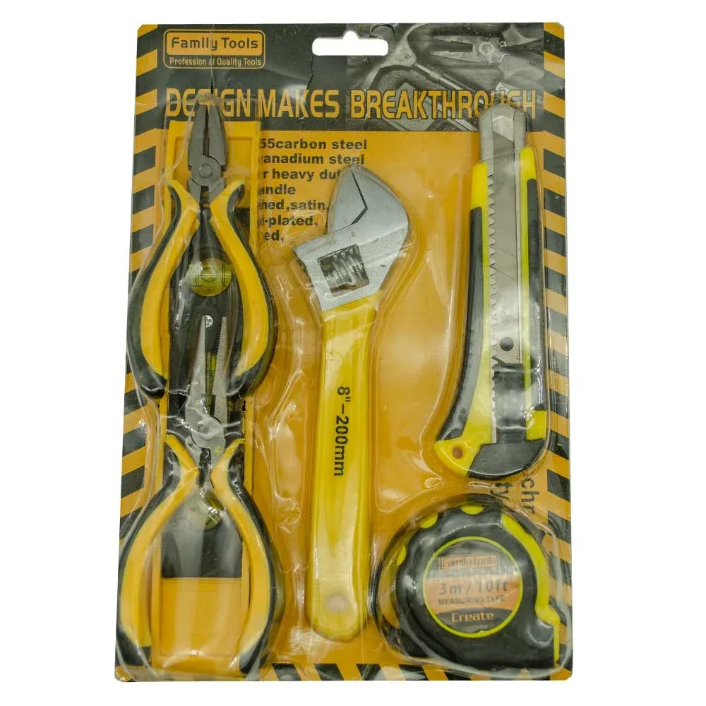 Juego con 2 pinzas de corte, llave perica, cutter, flexómetro de 3 metros y nivelador / hl ju5888