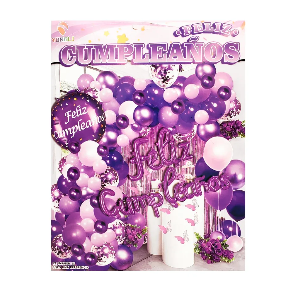 Set decorativo feliz cumpleaños 58pz, globos en tonos morados, globo estampado