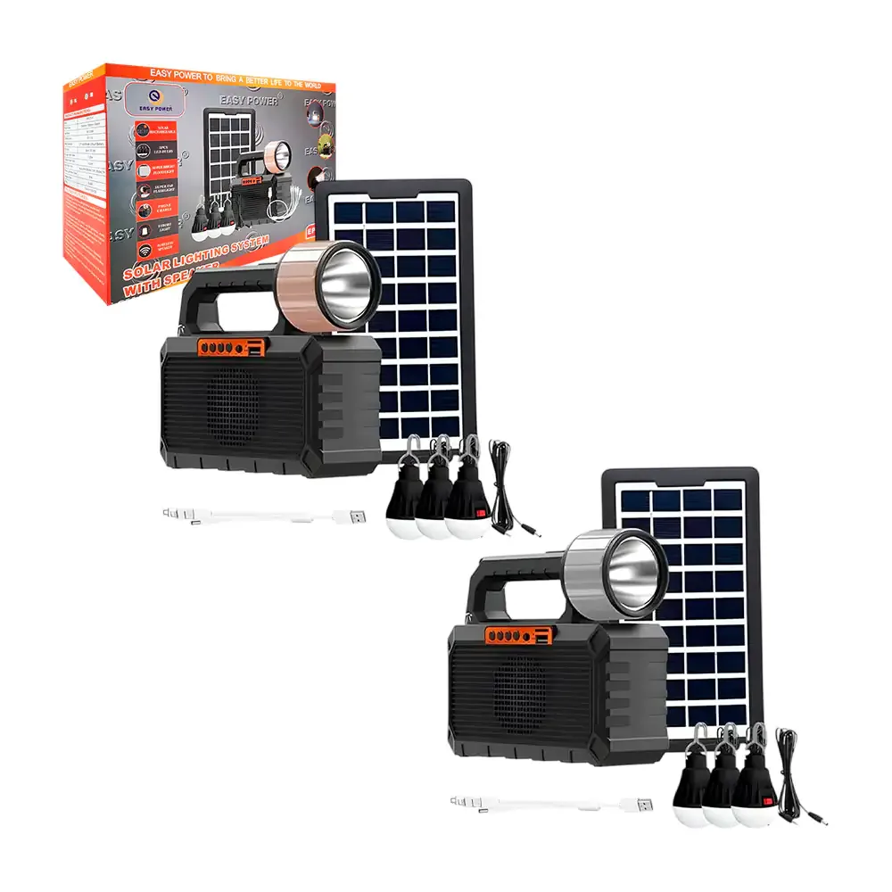 Lámpara, bocina, batería portátil recargable con panel solar + 3 focos de emergencia