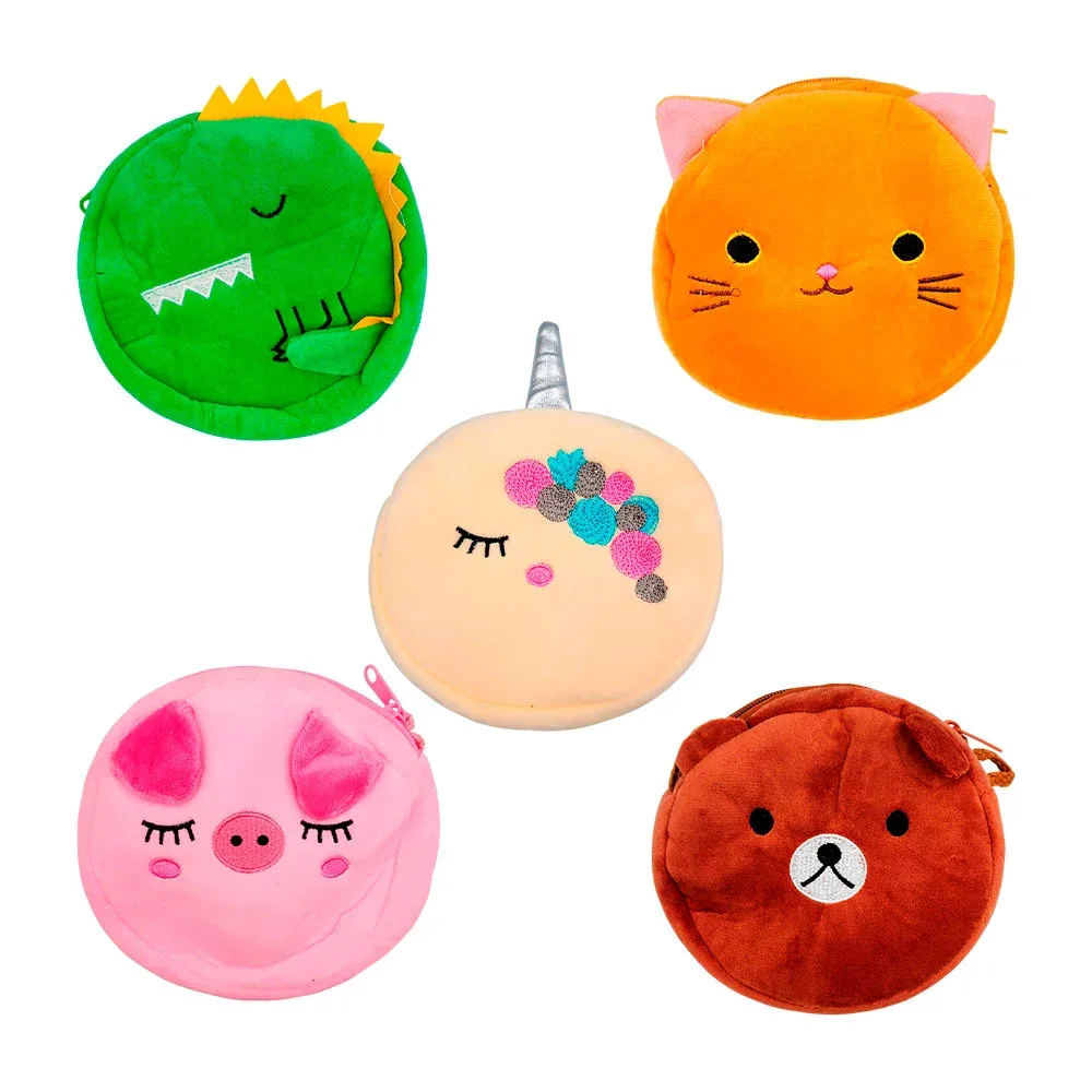 1pza bolsa - monedero redondo afelpado de 15cm aprox con diseño de animal o unicornio y correa tipo cuerda, variedad de diseños / d4064
