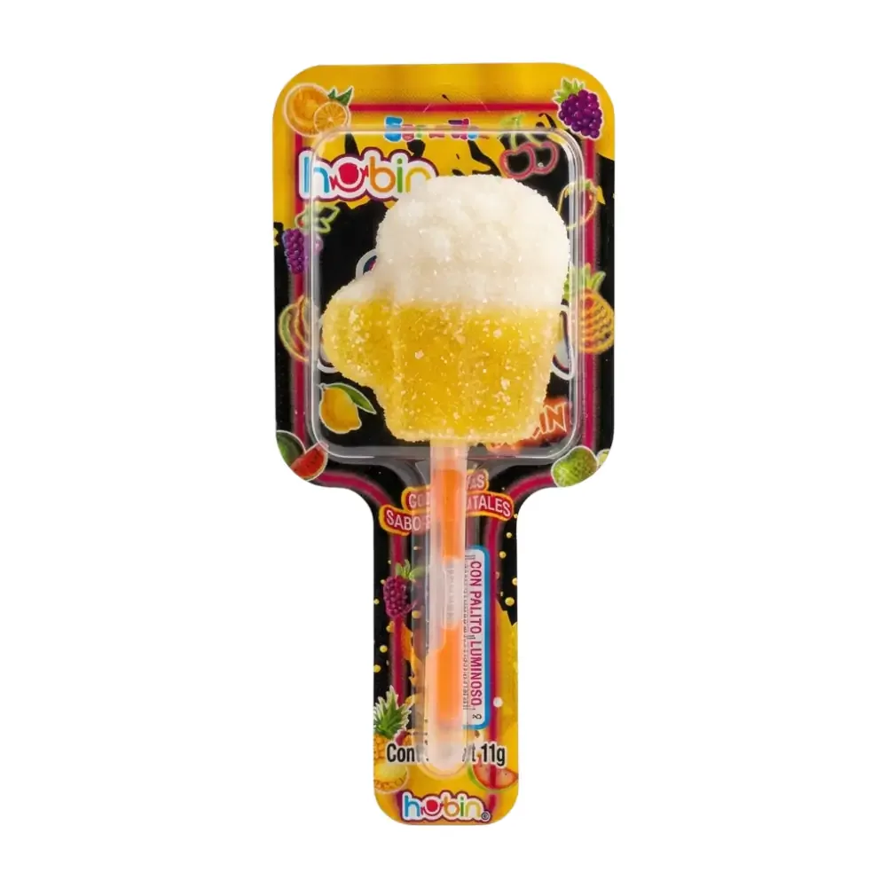 1pza gomita de cerveza en forma de paleta espolvoreada de azúcar con palito neón / 908272