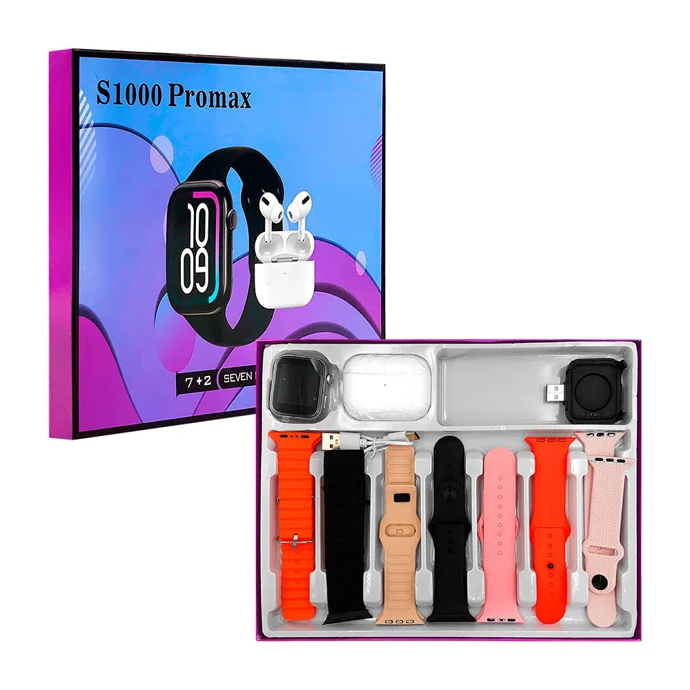 Smart watch s1000 pro max con 7 correas intercambiables + audífonos inalámbricos