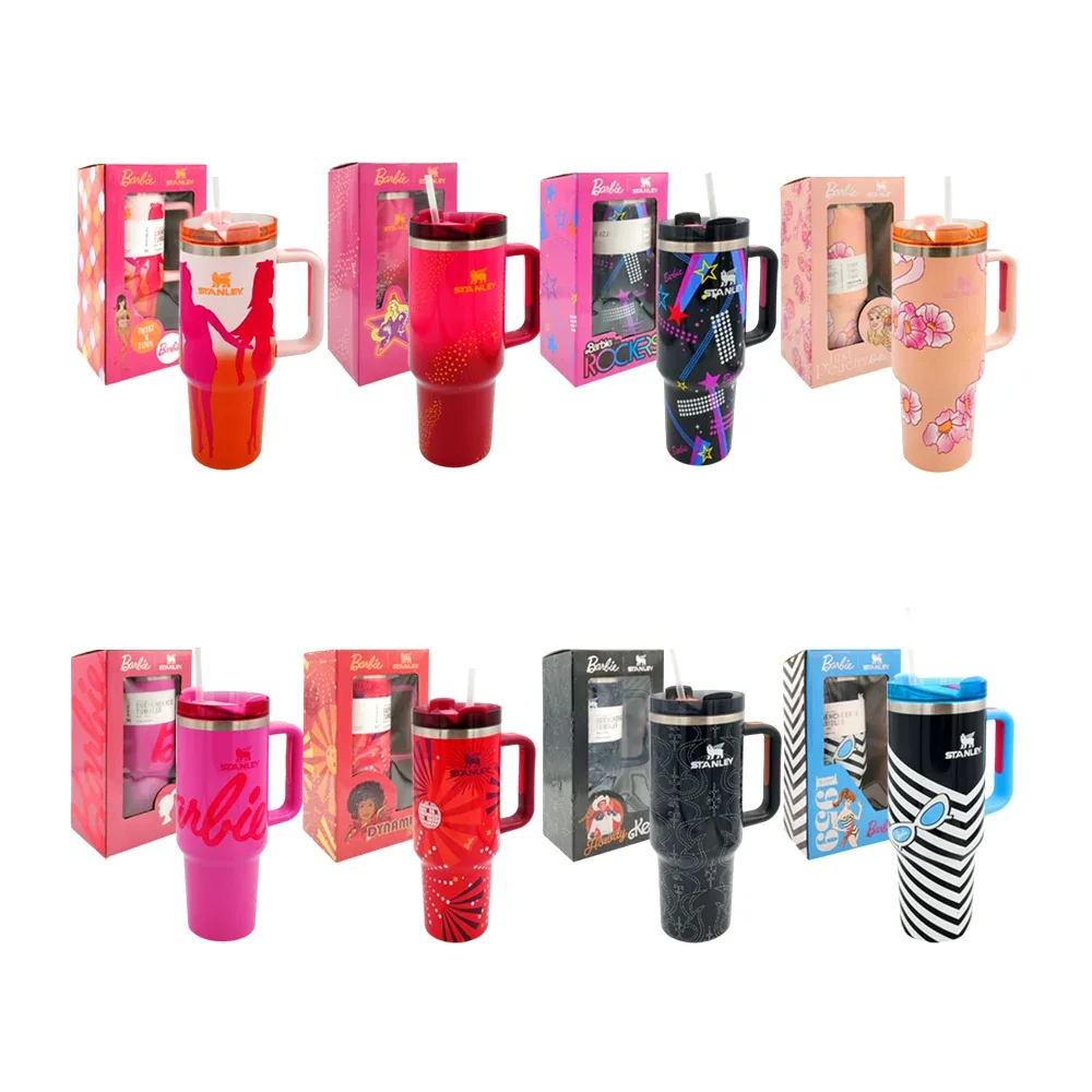 Vaso termo de acero inoxidable con tapa traslúcida, popote, asa, capacidad de 40oz-1.18L y estampado personajes de barbie