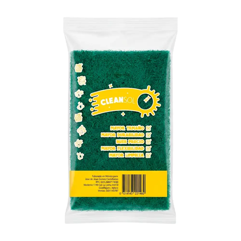 1pza Esponja rectangular cleansol para lavar trastes color verde y amarillo / 221460