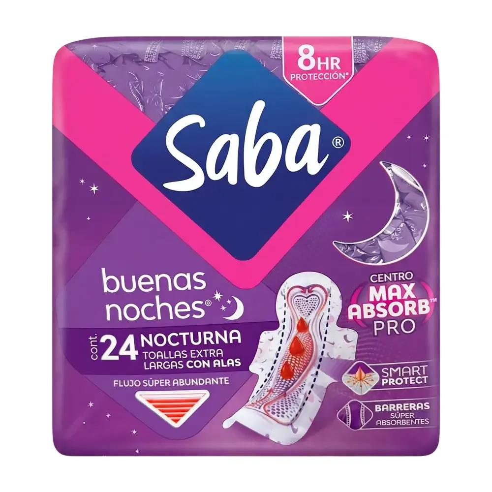 Paquete saba buenas noches flujo súper abundante, 24 toallas con alas / 006692