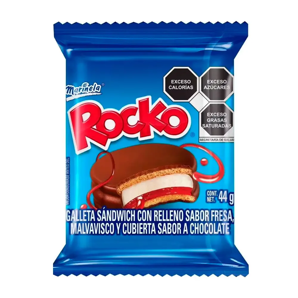 1pza rocko marinela, galleta tipo sándwich cubierto de chocolate, 44g / 153763