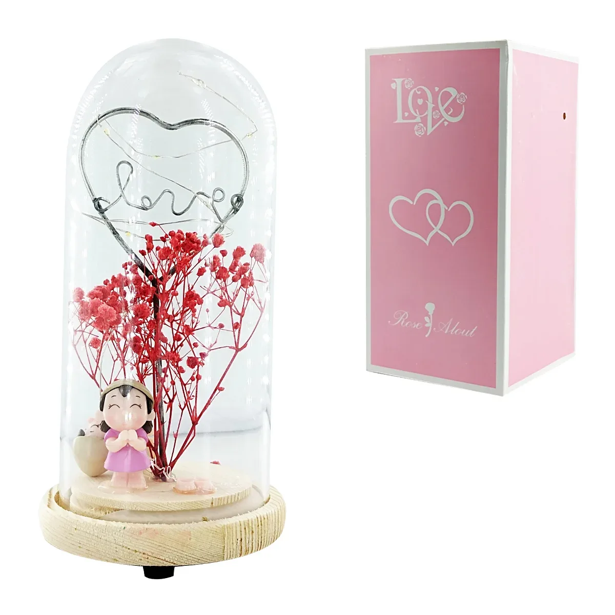 Arreglo decorativo de corazón encapsulado con serie luz led y muñequitos / rose alout