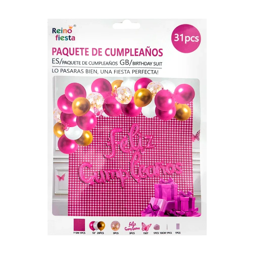 Paquete de cumpleaños con 31pcs globo, cortina cuadrada y detalles, surtido