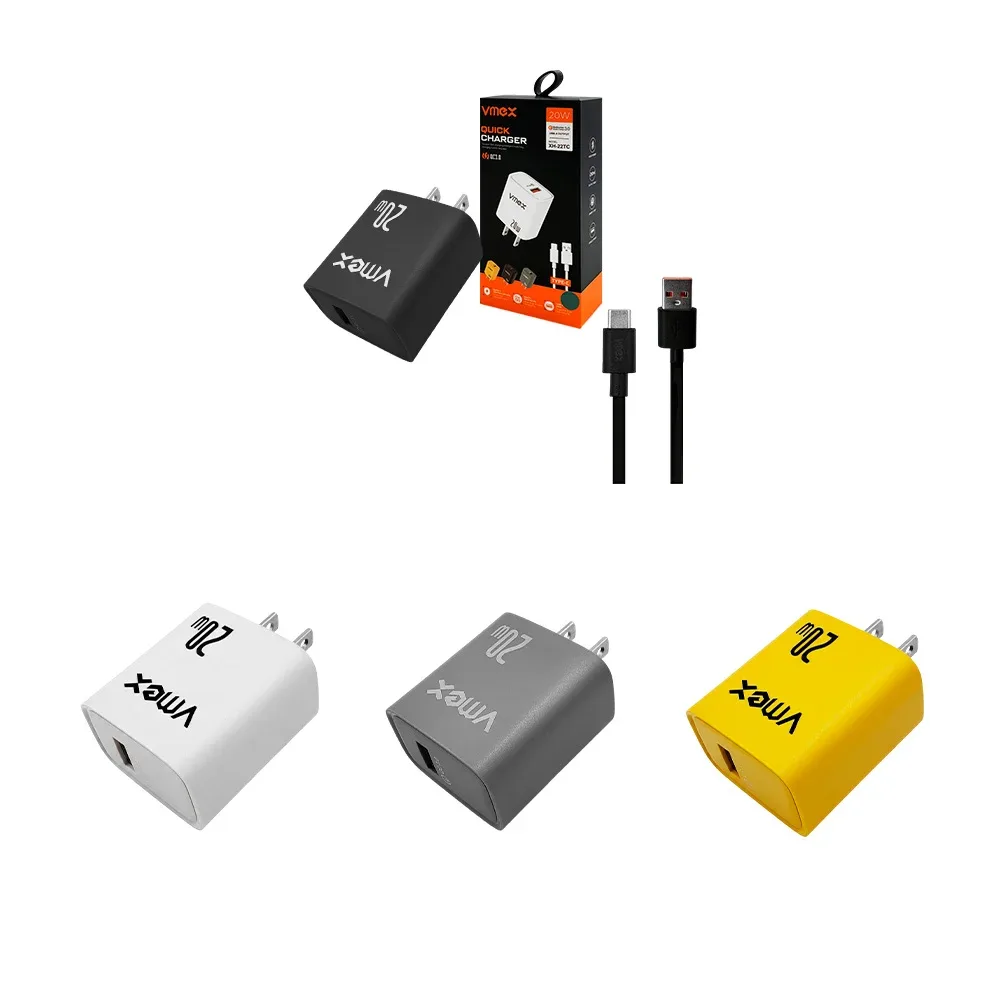 Combo cargador vmex, carga rápida 20w, cubo salida usb-a, cable usb-a a tipo c