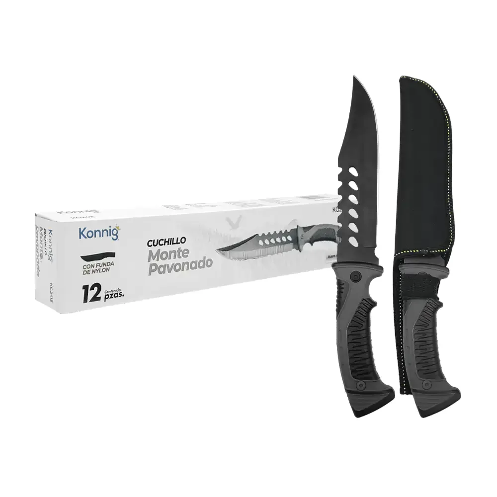 Cuchillo táctico monte pavonado de acero inoxidable + funda de nylon, 32cm