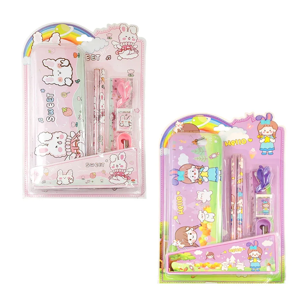Kit de papelería con estuche lapicera metálica, sacapuntas, regla, 2 borradoras y 2 lápices con estampado kawaii, variedad de modelos / hello / sweet / 90061