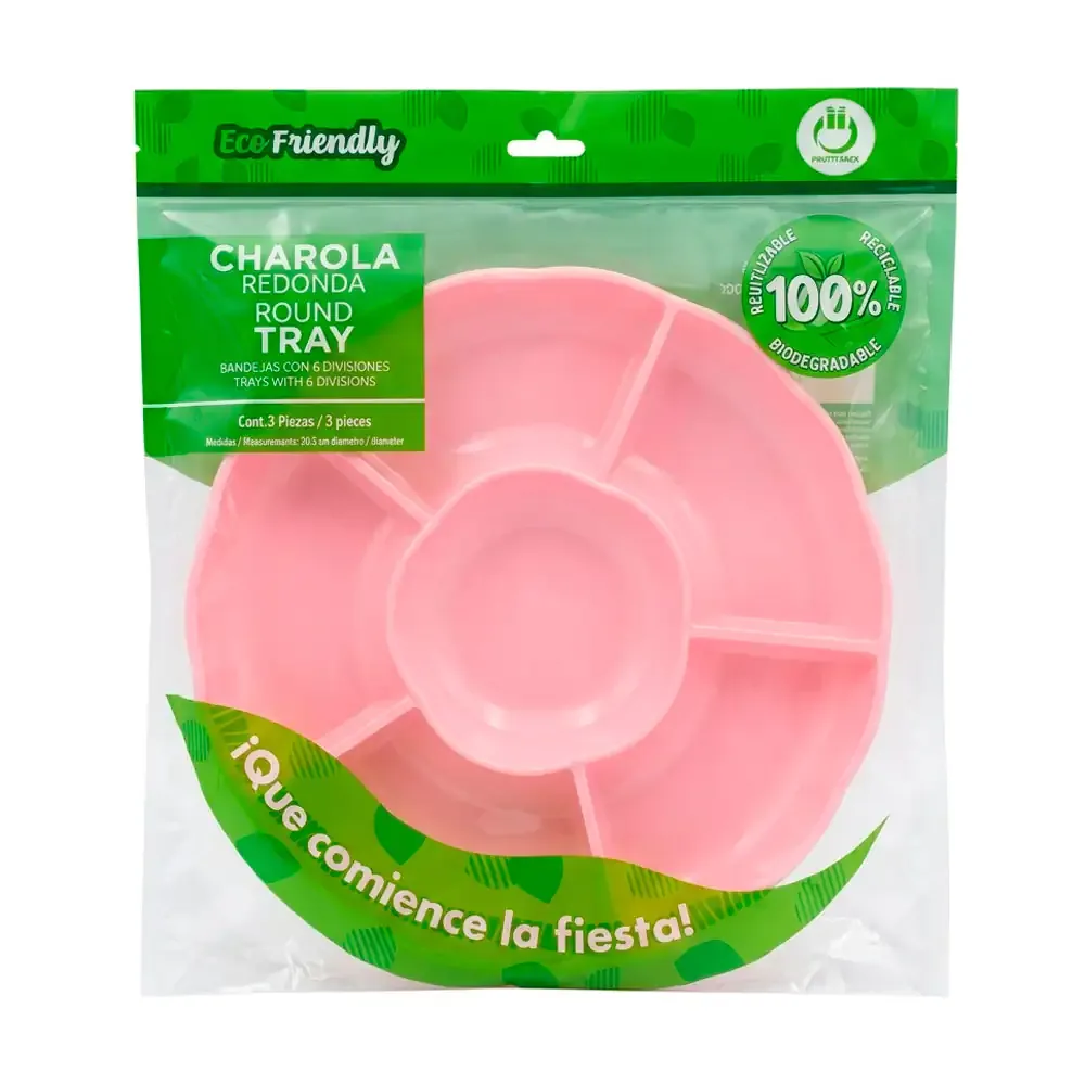 Paquete con 3 charolas de plástico en forma de flor con 6 divisiones en tono rosa