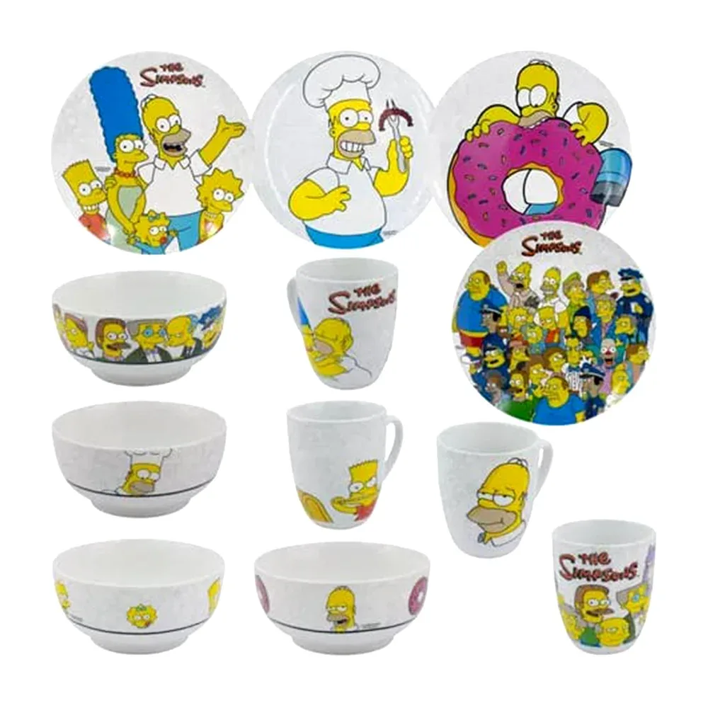 Vajilla coleccionable de porcelana con diseño de los Simpson y 12 piezas en platos de 23cm, tazones de 13.5cm y tazas de 330ml, variedad de diseños / 2415-3900