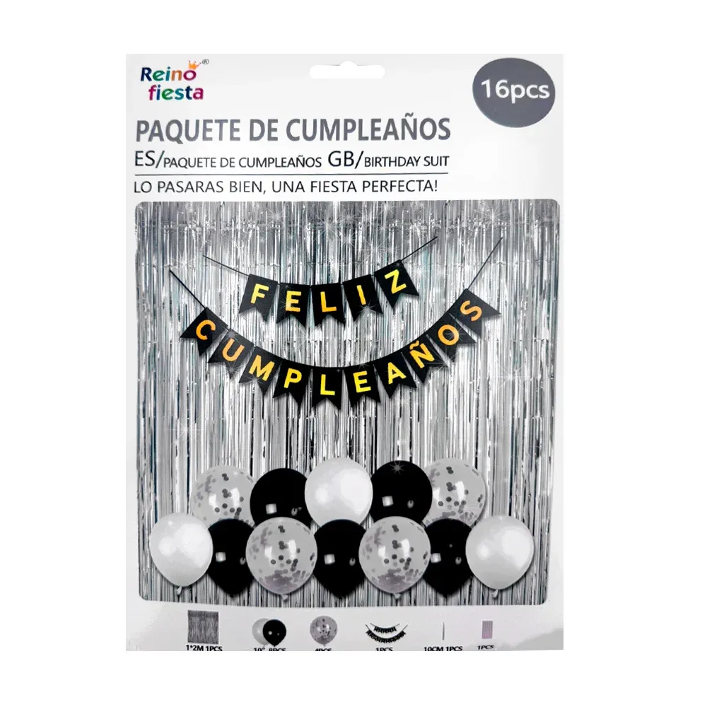 Paquete de cumpleaños con guirnalda, cortina y globos en tonos metálicos / 61742