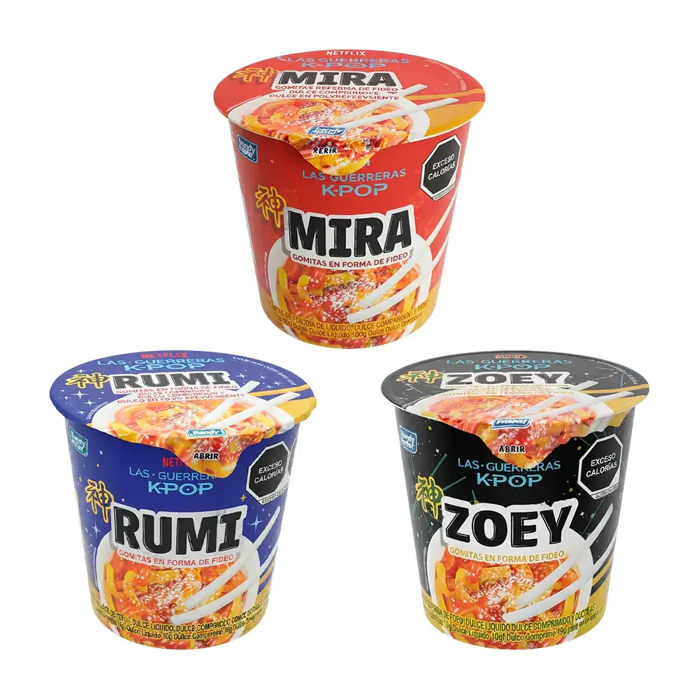 Bote con caramelos y gomitas en forma de ramen, estampado de las guerreras k-pop, 63g