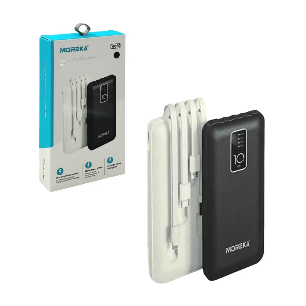 Power bank / batería portátil moreka con puerto usb + cable usb, v8, tipo c y lightning / k050