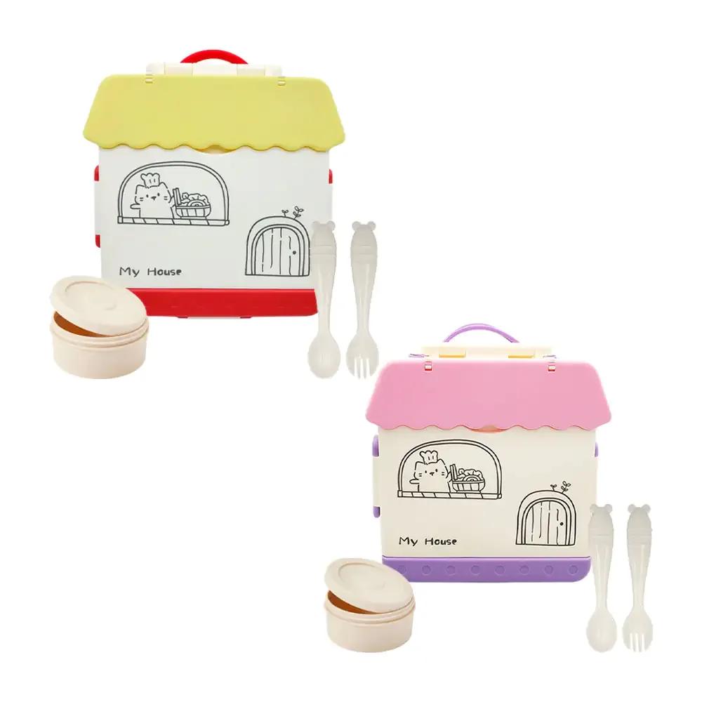 Tupper cuadrado con 4 compartimentos y diseño de casa + cubiertos, variedad de colores