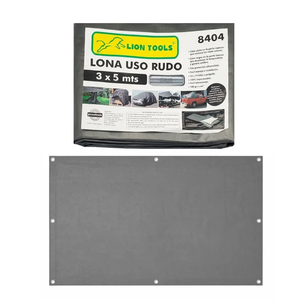 Lona impermeable lion tools de uso rudo color gris con protección ultravioleta, 3x5m / 8404