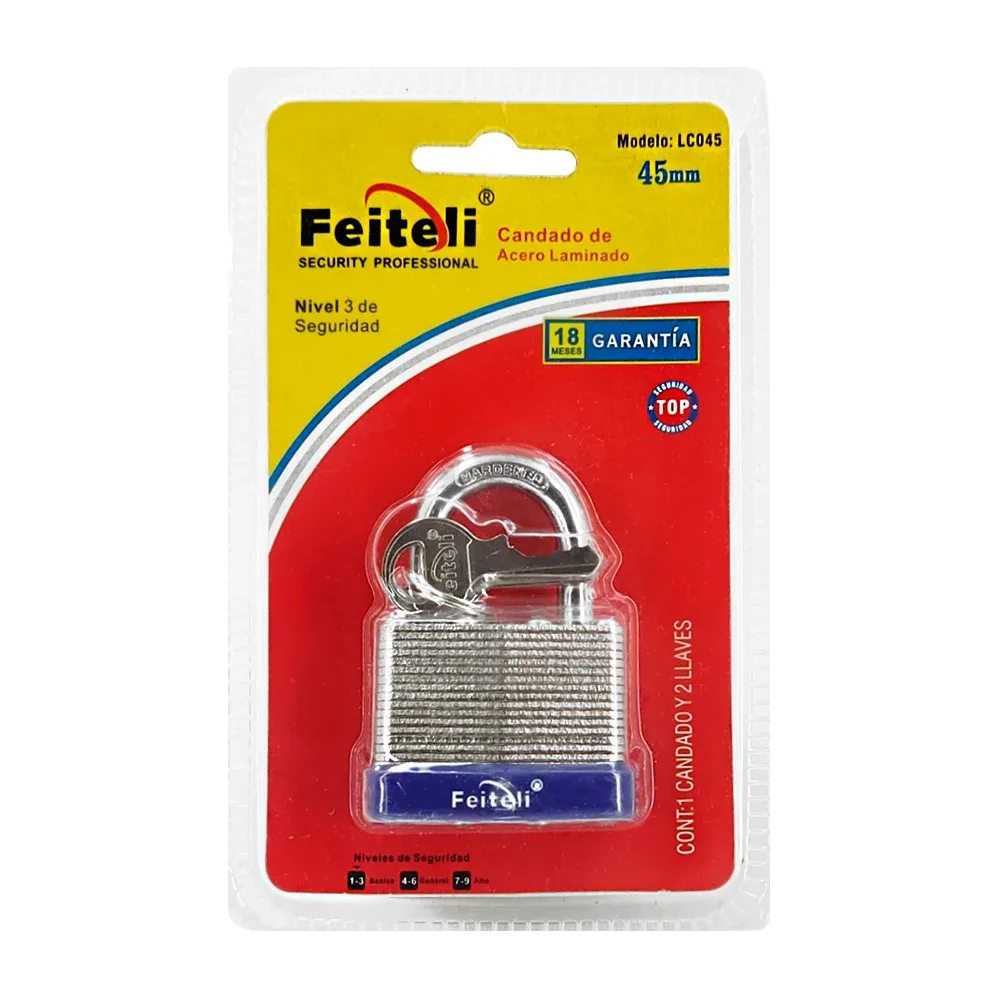Candado de acero laminado, 45mm reforzado en acero con gancho corto, resistente al corte con un nivel de seguridad básico + juego de llaves / lc045