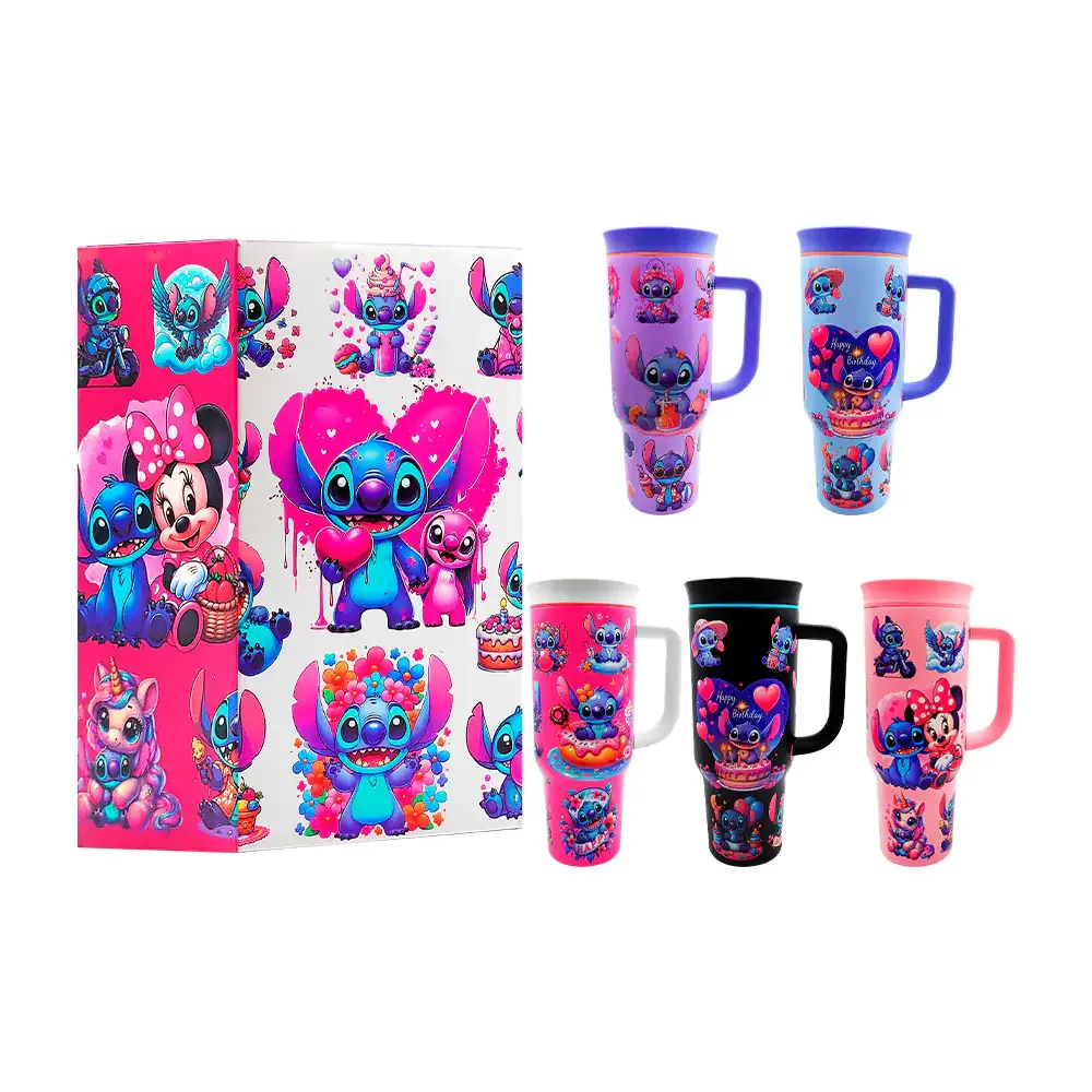 Vaso tipo termo de 40oz con doble boquilla y estampado de stitch + popote, variedad