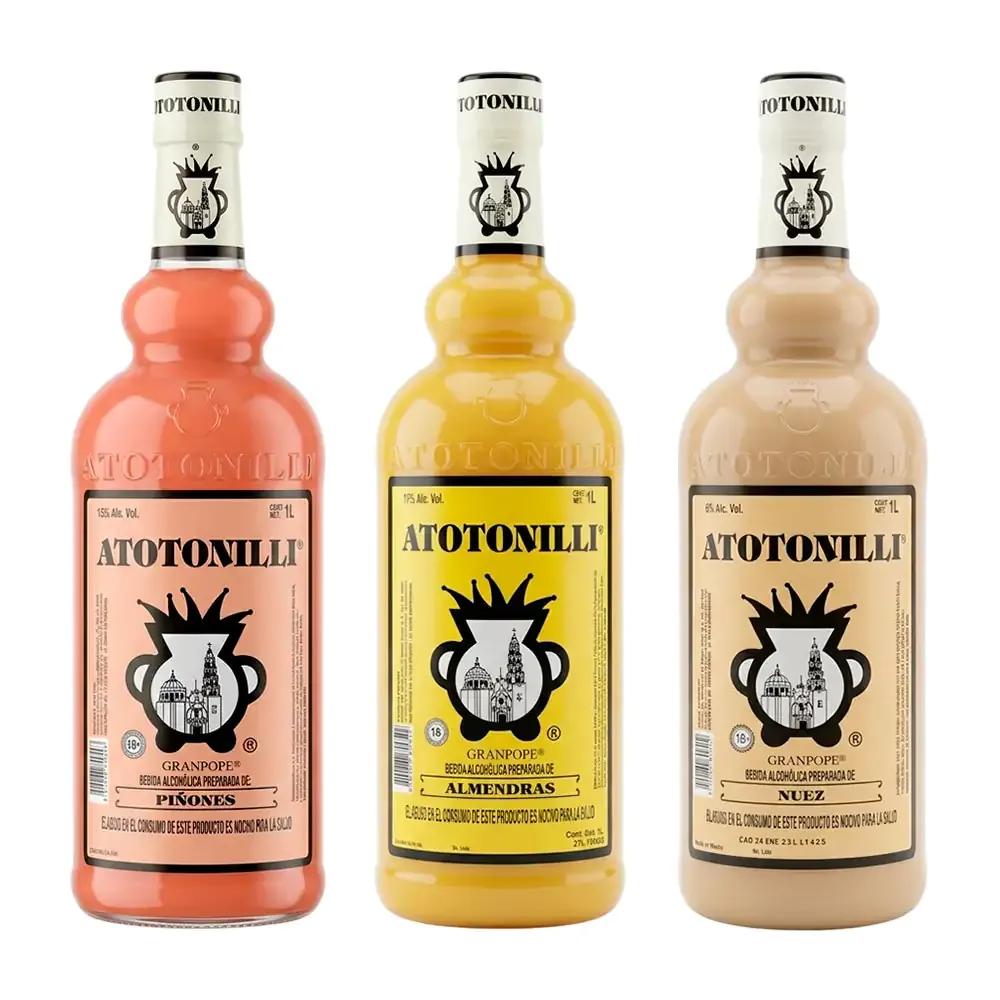 Botella de rompope atotonilli artesanal de 1 litro, variedad de sabores