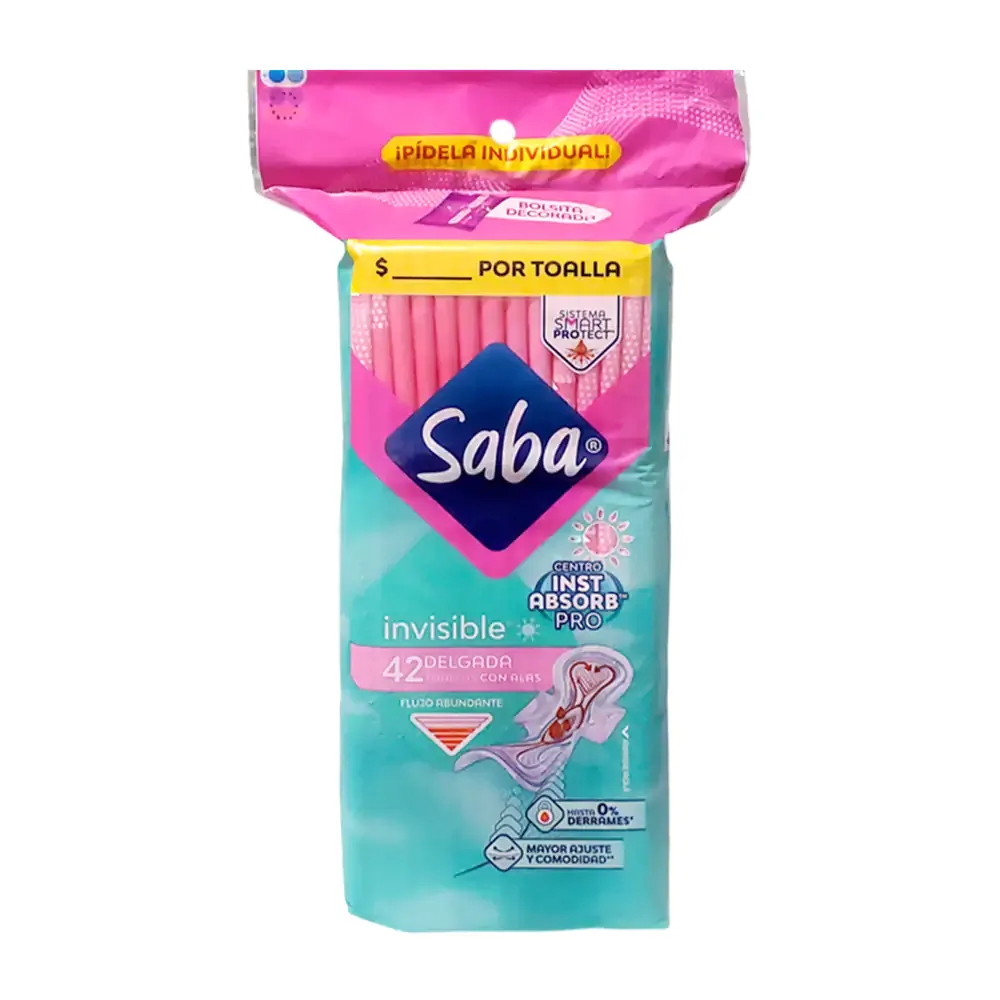 Paquete con 42 toallas femeninas saba, invisibles, delgadas con alas, fujo abundante / 006333