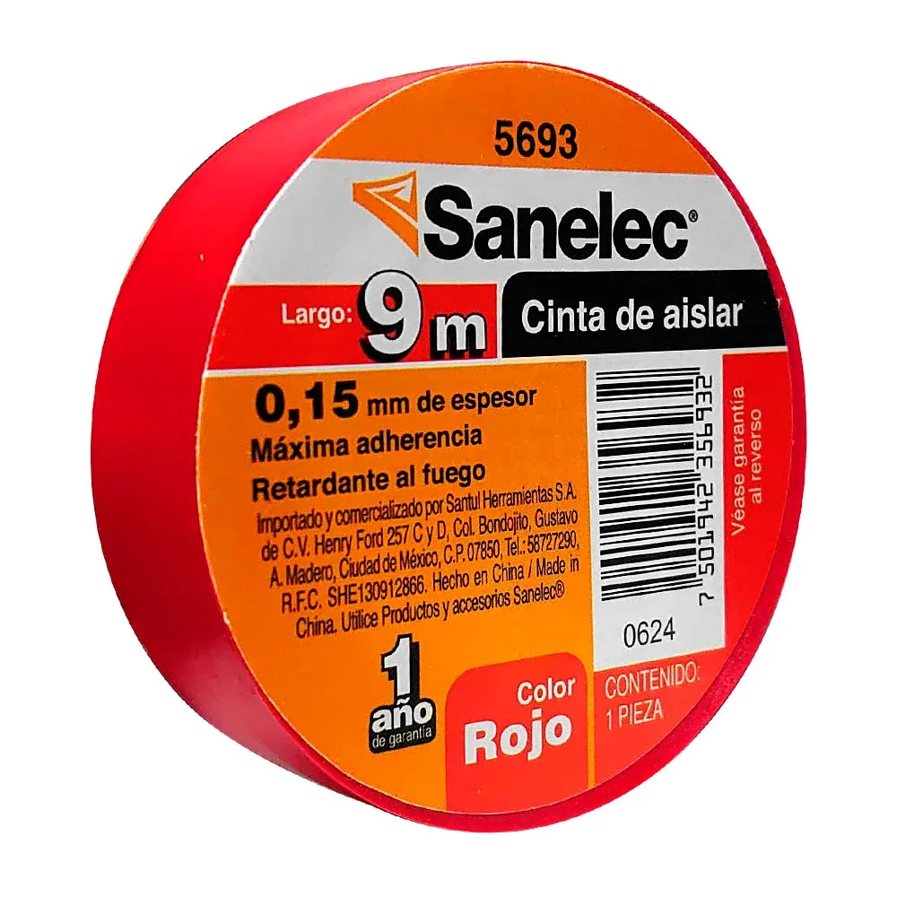 1pza Cinta roja aislante sanelec, 9mx15mm / 5693 / 0624