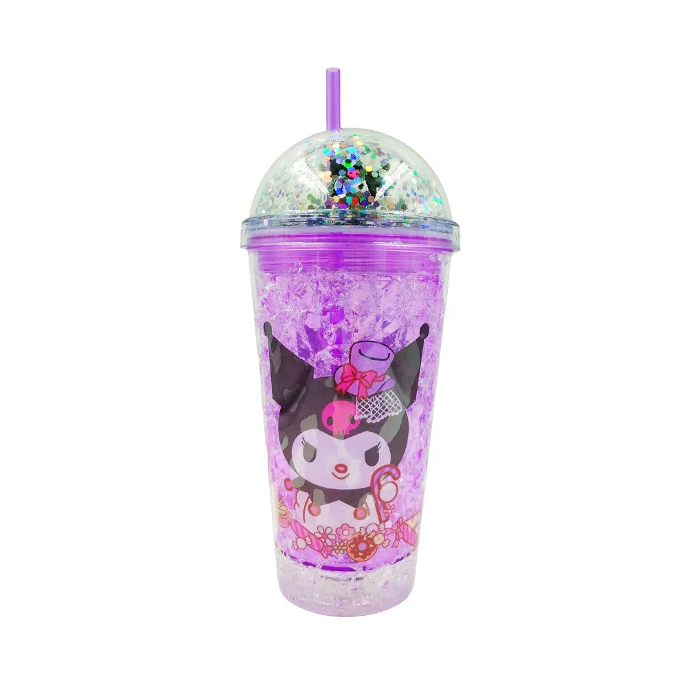 Vaso de acrílico con efecto hielo, luces led, popote, tapa tipo domo con diamantina + estampado de hello kitty sanrio, variedad de modelos / a24037q