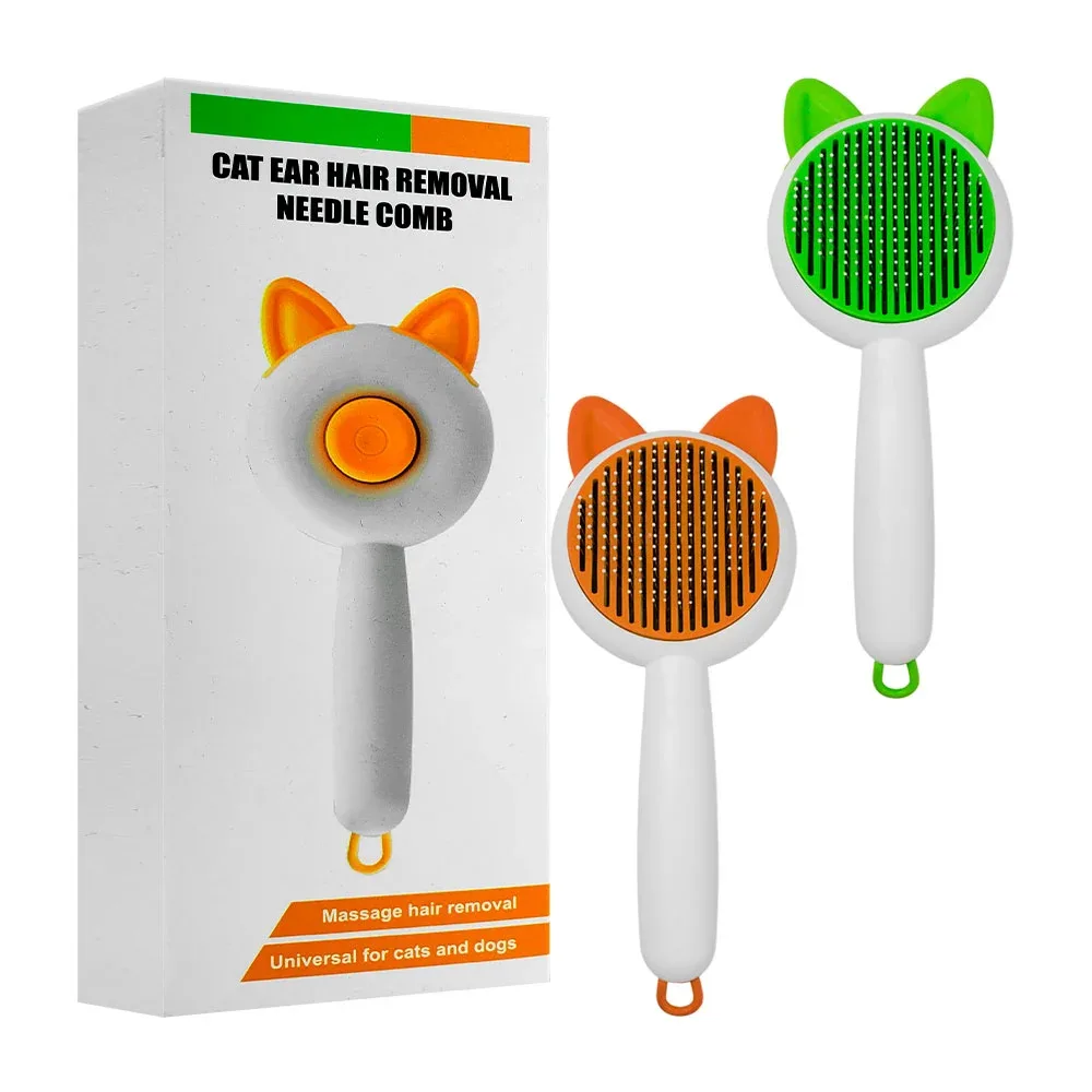Cepillo para mascotas redondo con orejas de gato + botón removedor de pelo