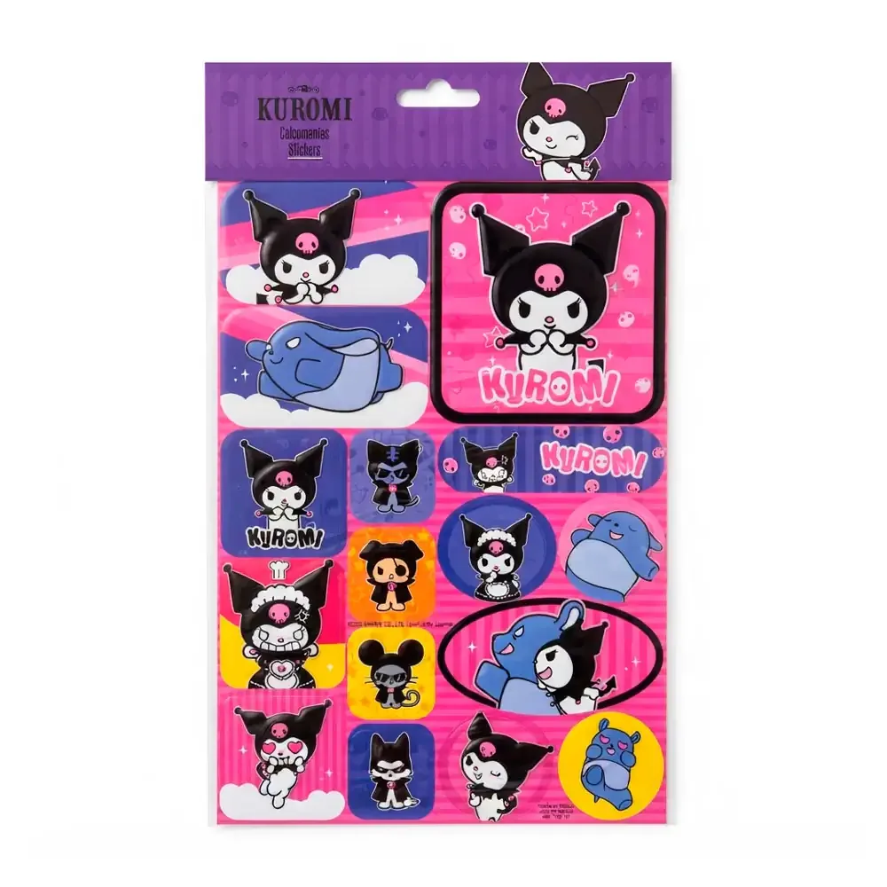 Blíster con 2 planillas de stickers escolares, estampado de kuromi, variedad de formas