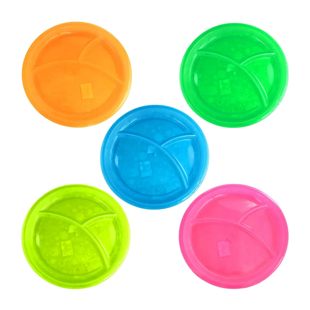 Plato plano de plástico con 3 divisiones para la comida, traslúcido con aros