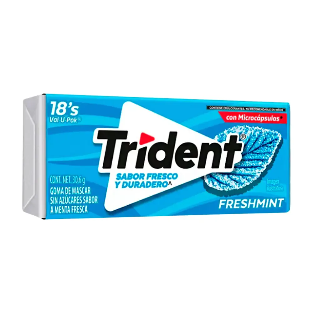 1pza chicles trident paquete con 18 chicles sabor menta, 30.6g / 606077