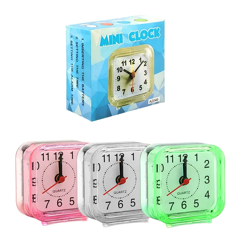 Mini reloj despertador, cuadrado, plástico translúcido, variedad de colores