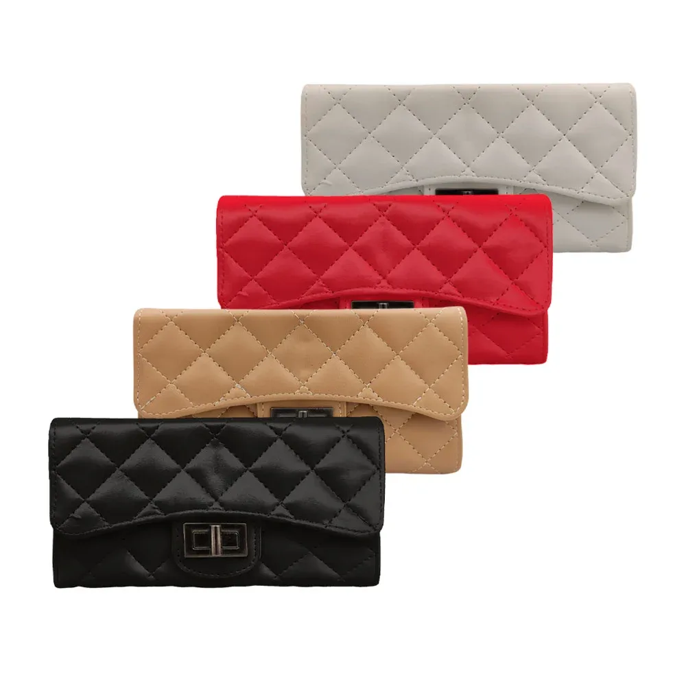 Cartera rectangular con broche de botón y detalles de cuadros cosidos / c4050
