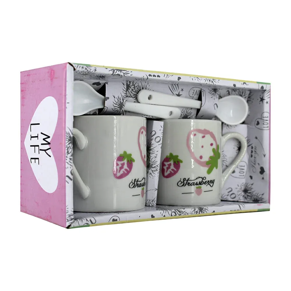 Juego de 2 tazas de cerámica con cucharas con estampado de fresas / strawberry