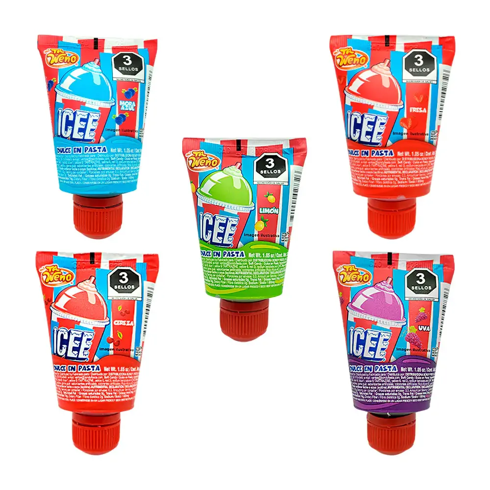 Mini tubo icee tipo envase de pasta con caramelo suave sabor a fruta, 30g, variedad de sabores