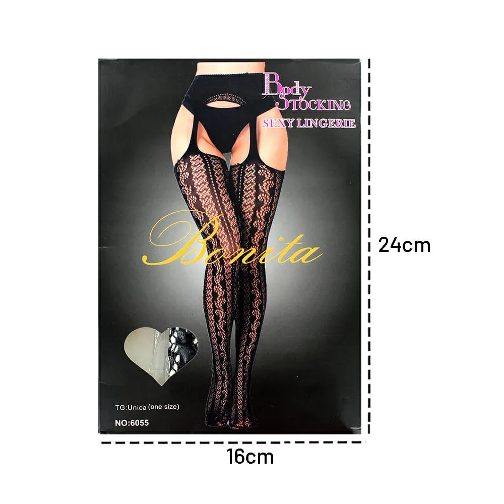Lencería color negro para dama, malla pantimedia de red y liguero con diseño / bonita / 6055