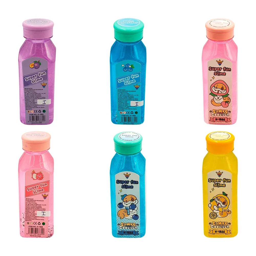 Botella pequeña con slime brilloso, variedad de colores / super fun slime