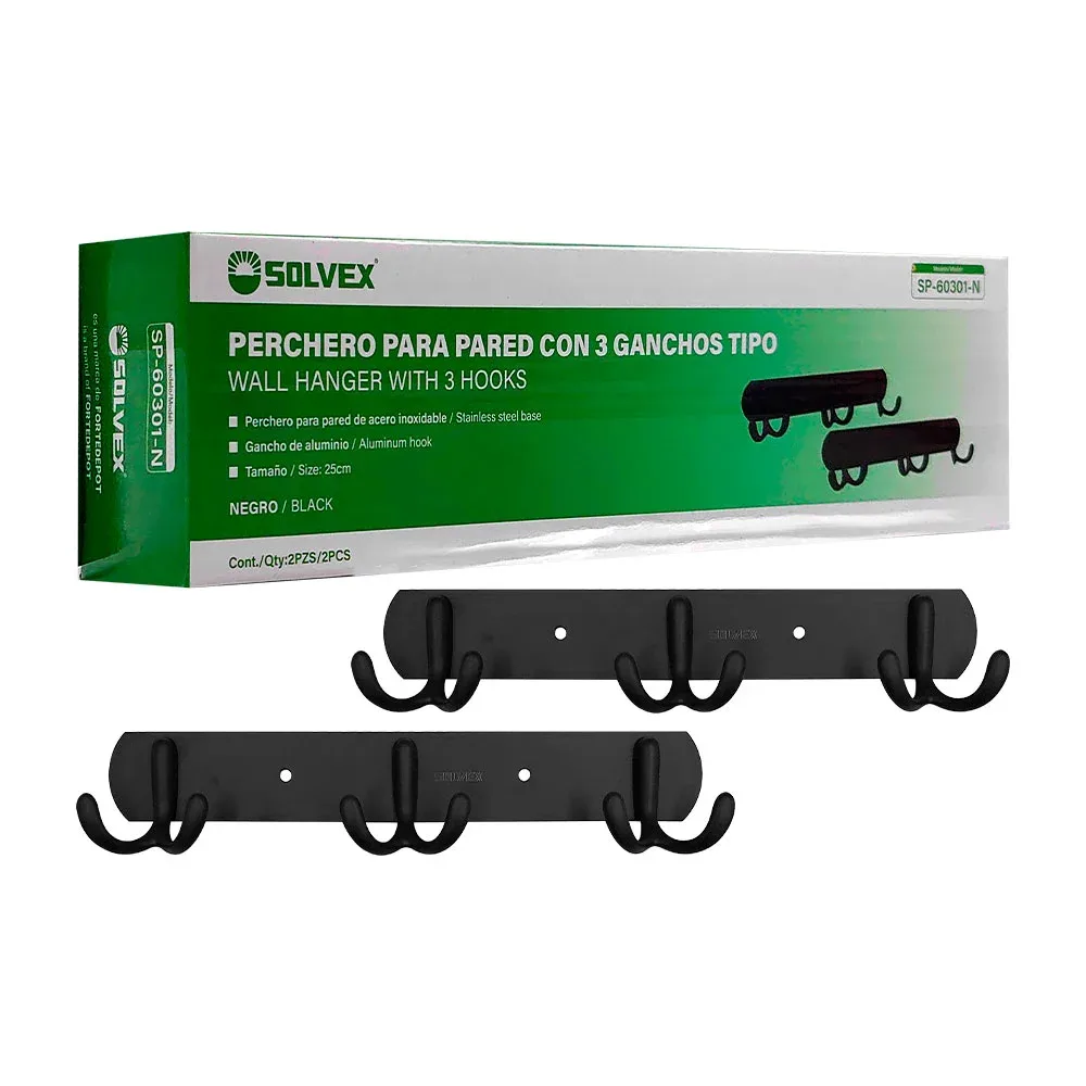 Par de percheros solvex, acero inoxidable, 3 ganchos de aluminio para pared 25cm