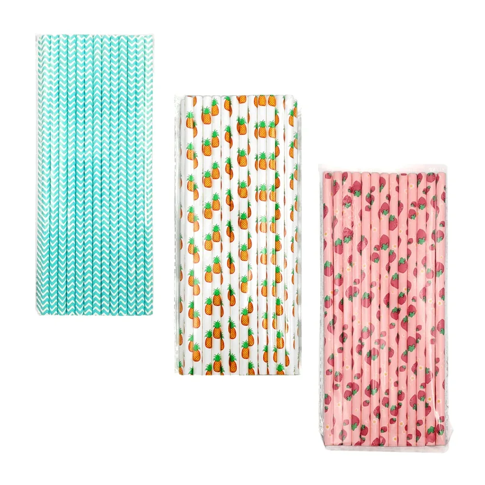 Paquete con 25 popotes de papel, con estampado de frutas, flores, y/o patrones animados, variedad de diseños / n1-116