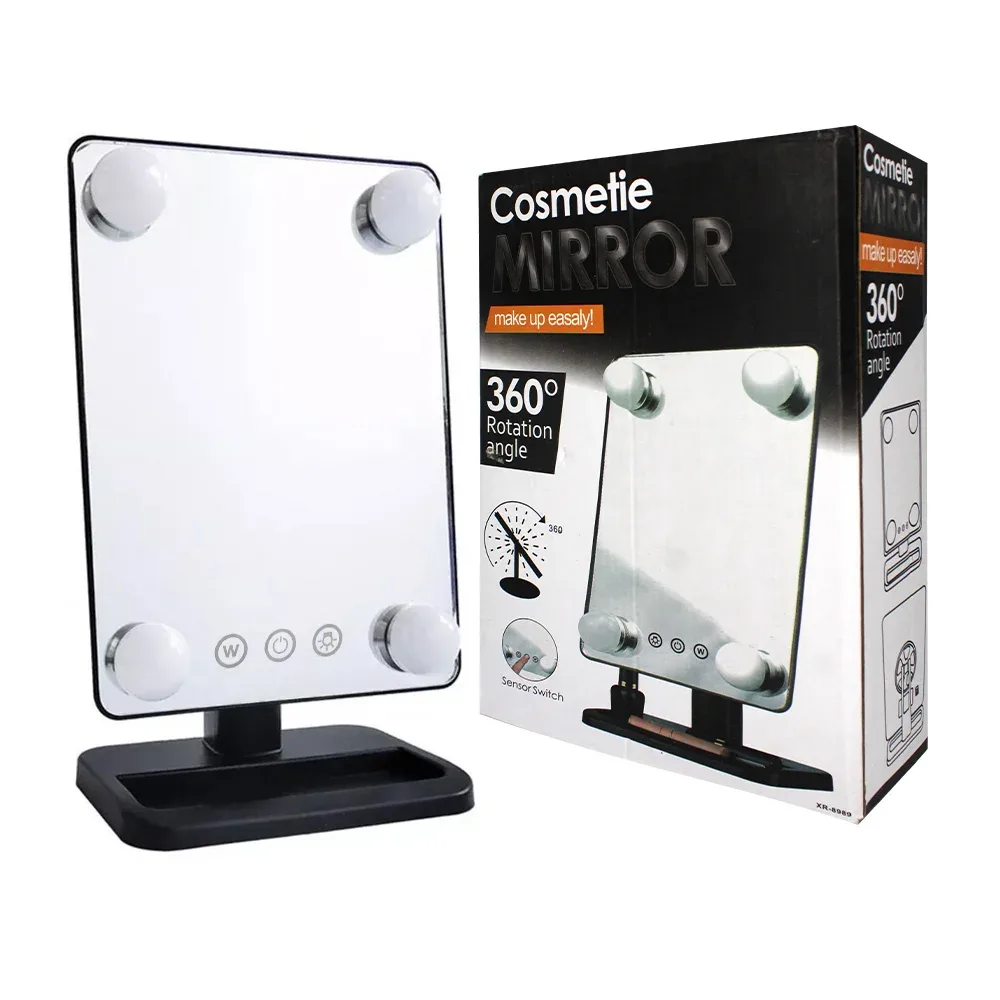 Espejo tipo hollywood con 4 mini focos de luz + base con 1 compartimiento / mirror 80823