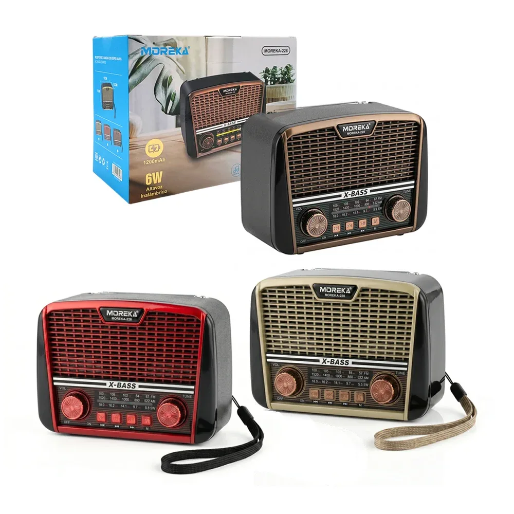 Bocina bluetooth tipo radio vintage, con antena, asa + botones controladores