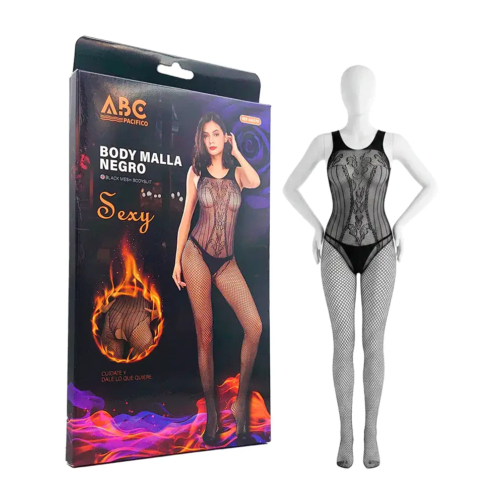 Lenceria body completo, red malla con detalles de flores, color negro unitalla