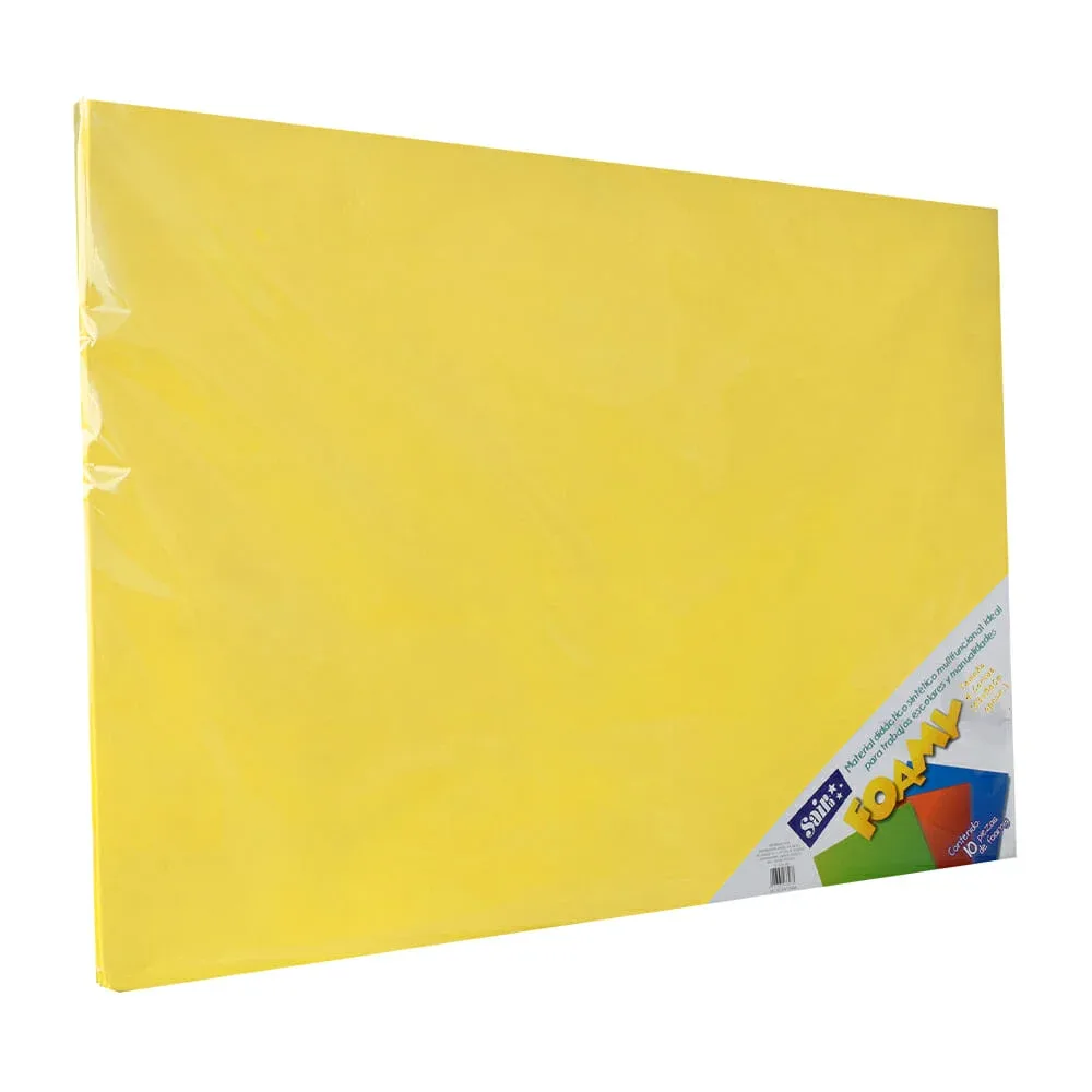 Paquete con 10 hojas de foamy liso tamaño 4 cartas o 43x56cm color amarillo canario / 033176