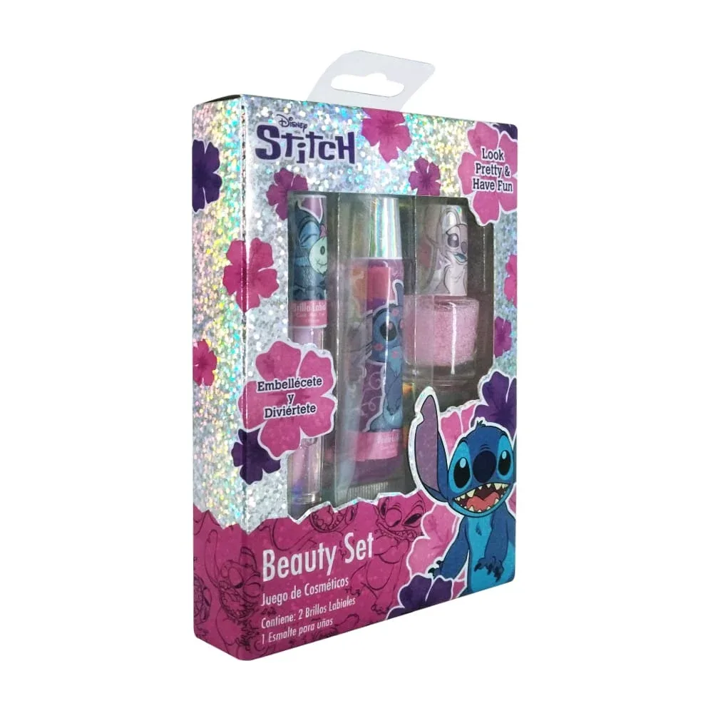 Mini set de belleza stitch con esmalte para uñas, gloss y brillo labial / bes27st