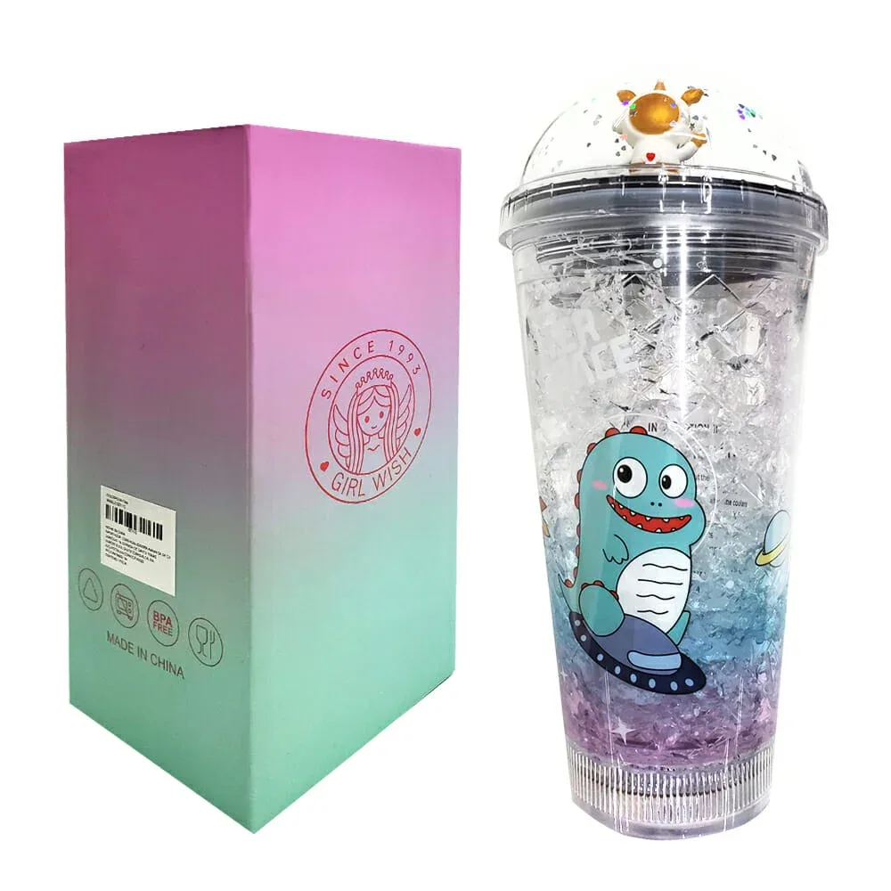 Vaso de acrílico efecto hielo con luz y popote, diseño de dinosaurios en el espacio, variedad de colores / bz7112