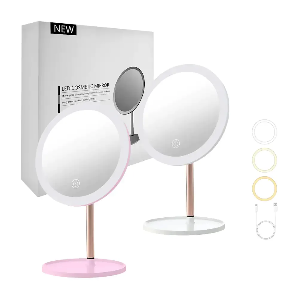 Espejo redondo con luz led + base, 3 modos de iluminación, variedad de colores