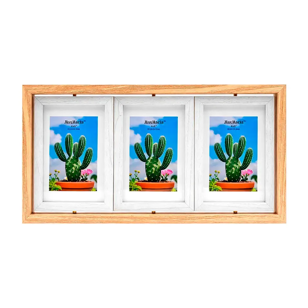 Portarretrato de madera, doble cara con triple marco giratorio, 10.2x15.2cm c/u